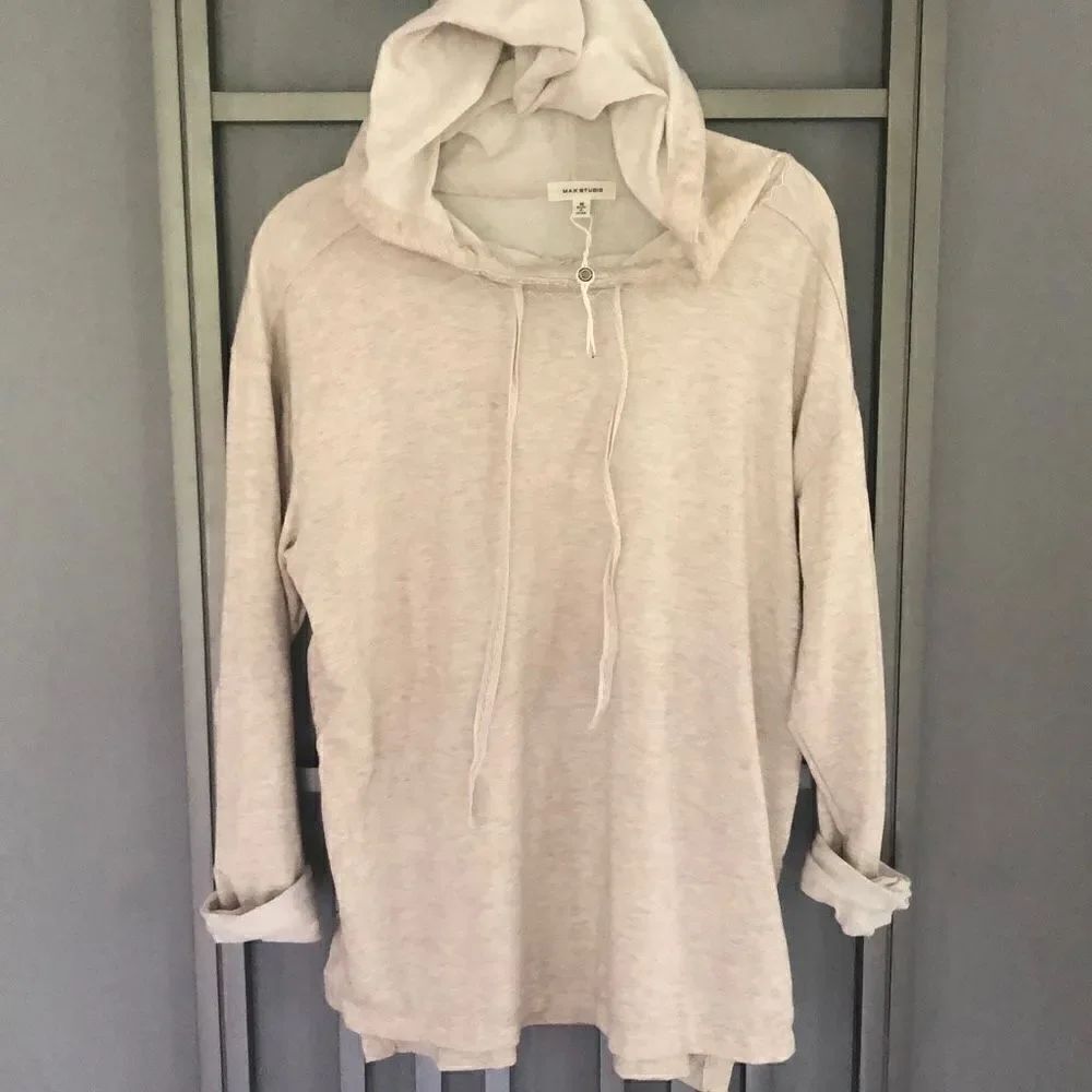 Max Studio  Oatmeal colored hoodie, long sleeve knit top sweatshirt, size M